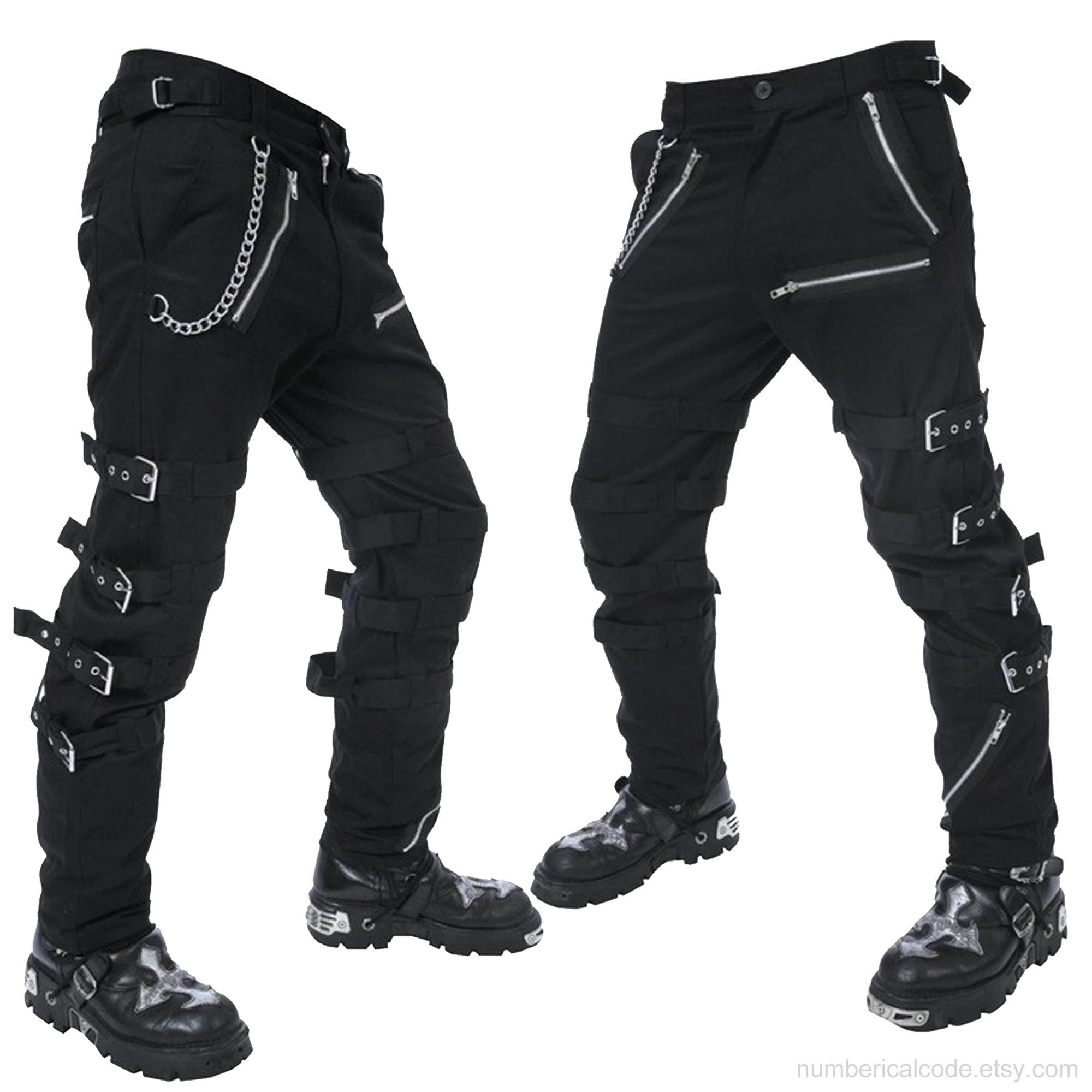Men's Black Gothic Steampunk Punk Morte Pants Buckle Chain Trousers