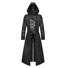 Men's Gothic Faux Leather Hooded Trench Coat - Steampunk Assassin Jacket