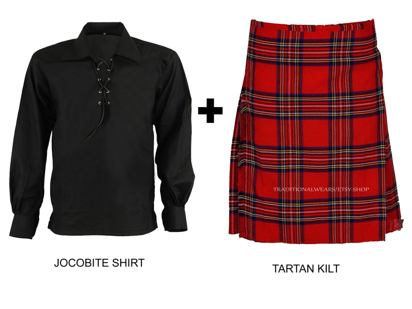 Men's Scottish Highland Traditional 6-yard Tartan Kilts With Black Jacobite Ghillie Shirt-All Sizes