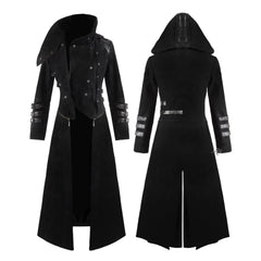 Men's Black Steampunk Military Trench Jacket Gothic Long Coat Scorpion Hooded Trench