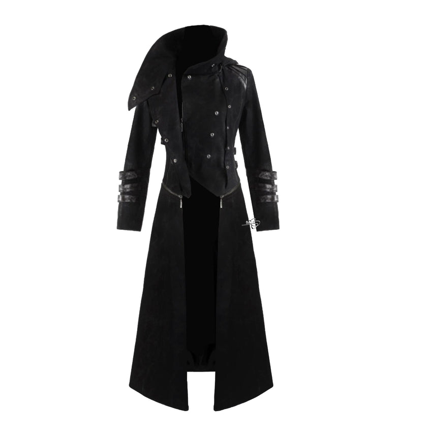 Men's Black Steampunk Military Trench Jacket Gothic Long Coat Scorpion Hooded Trench