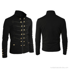 Men's Unique Modern Black Embroidery Black Military Napoleon Hook Jacket