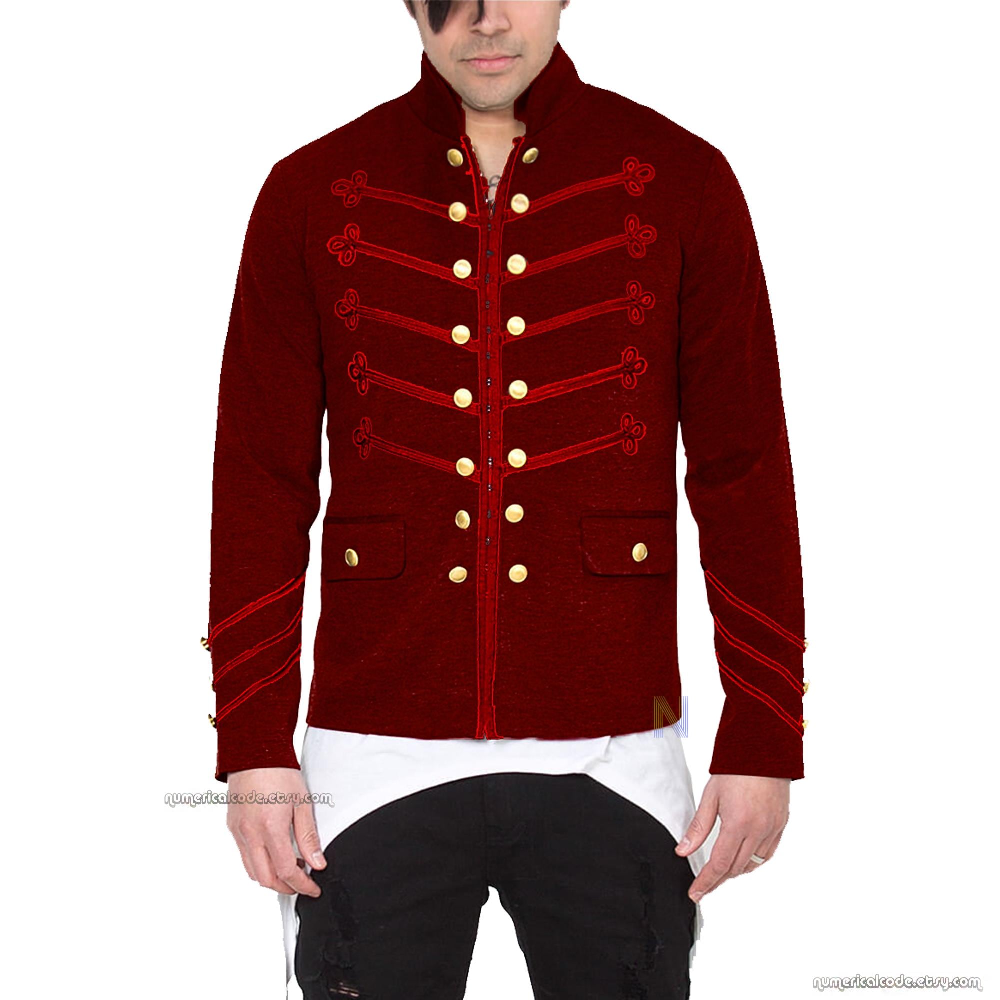 Men's Unique Modern Red Embroidery Red Velvet Military Napoleon Hook Jacket