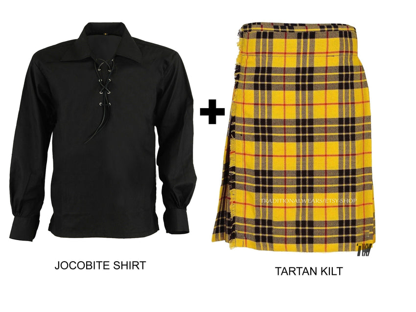 Men's Scottish Highland MacLeod of Lewis Traditional 6-yard Tartan Kilt And Free Gift Black Jacobite Shirt