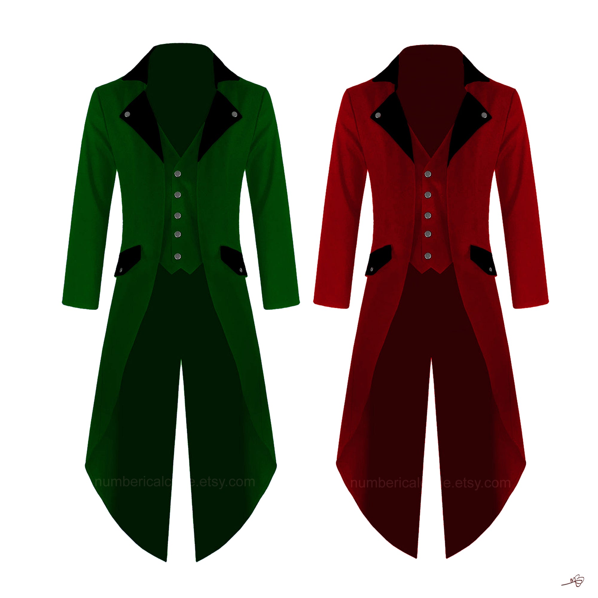 Men's Steampunk Tailcoat Jacket Red & Green Colors with Black Lapels Gothic Victorian Coat VTG