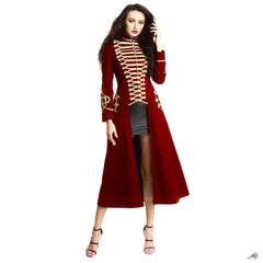 Women Red Long Gothic Coat Officer Hussar Steampunk Fashion Jacket Style Gold Gilding For Ladies