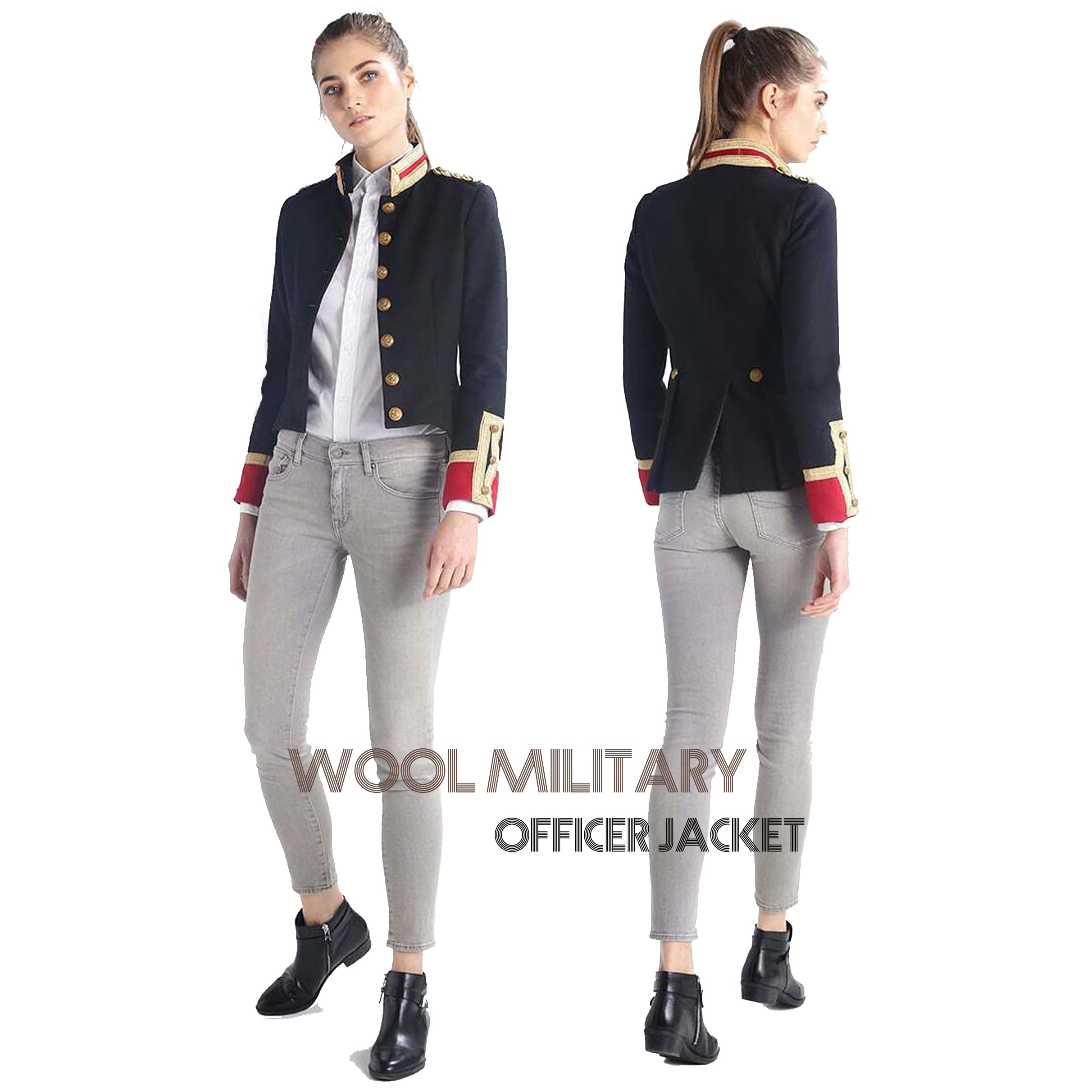 Ladies Black and Red Wool Military Commander Officer Hussar Gothic Blazer Banned Admiral Army Jacket