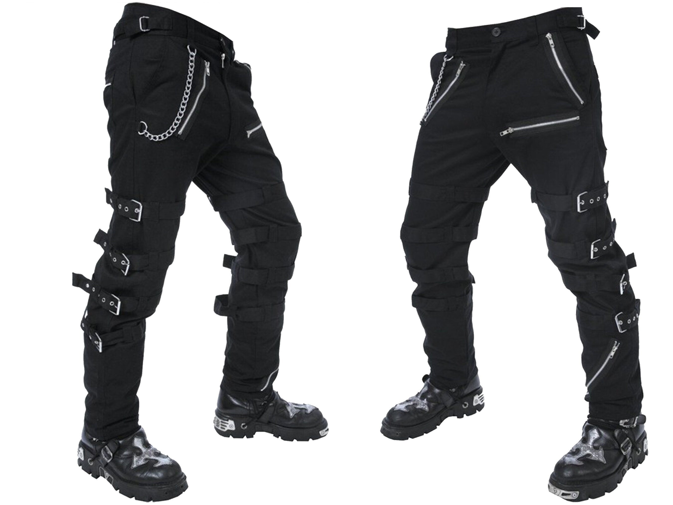 Men's Black Gothic Steampunk Punk Morte Pants Buckle Chain Trousers