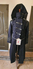 Men's Black Steampunk Military Trench Jacket Gothic Long Coat Scorpion Hooded Trench