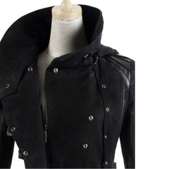 Men's Black Steampunk Military Trench Jacket Gothic Long Coat Scorpion Hooded Trench