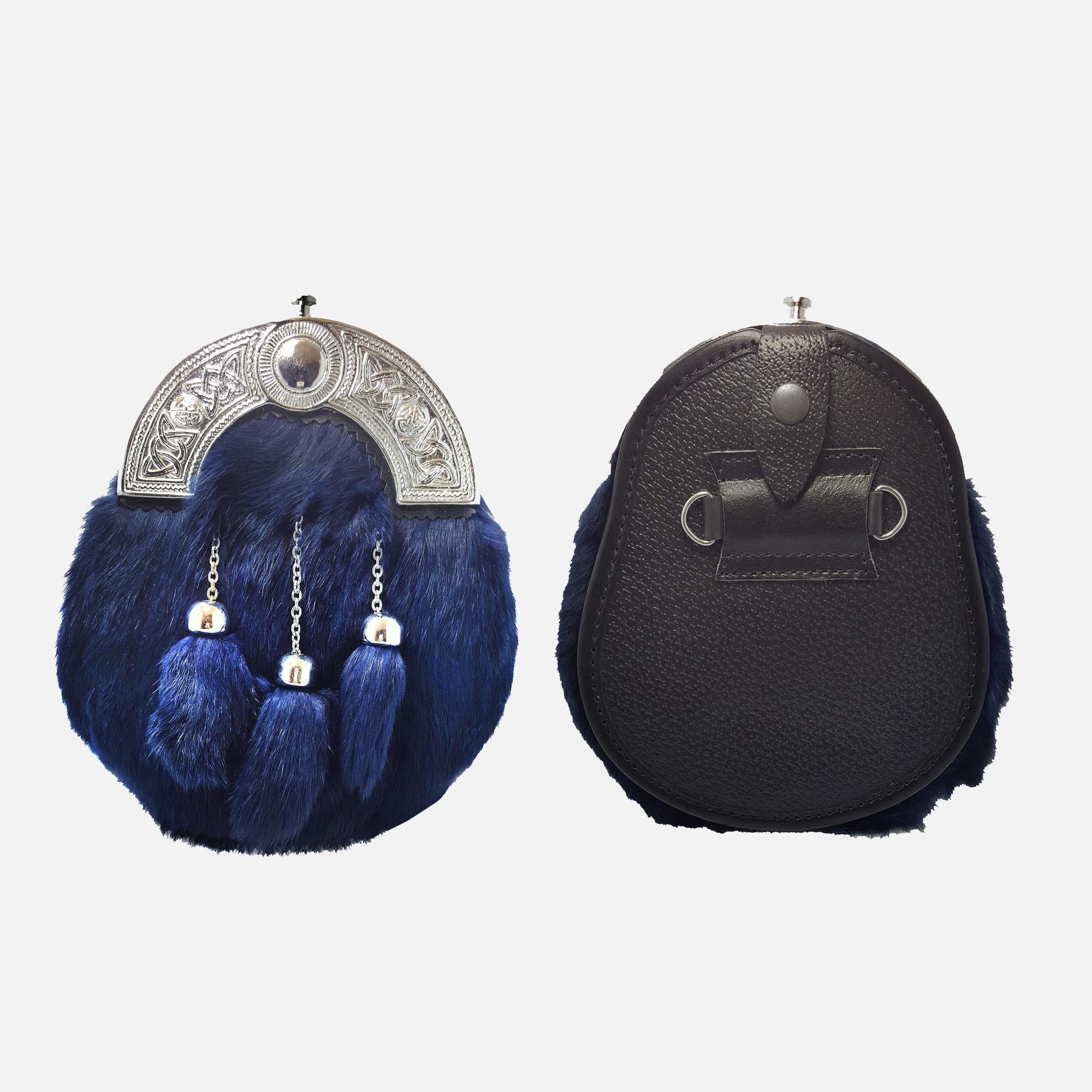 Blue Fur Sporran 3 Tassels Full Dress Kilt Sporran With Chain Belt