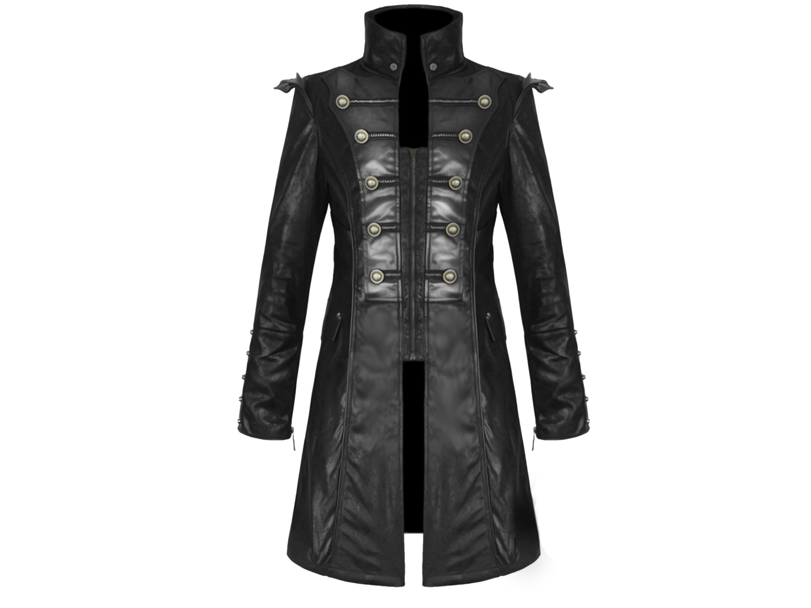 Men's Handmade Pirate Steampunk Jacket Black Goth Punk Faux Leather Military Coat
